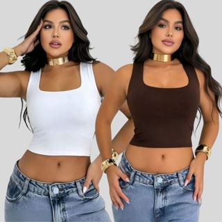 Kit 2 Cropped Feminino Decote Quadrado Alça Grossa – Estilo e Conforto em Dobro em Oferta na Shopee