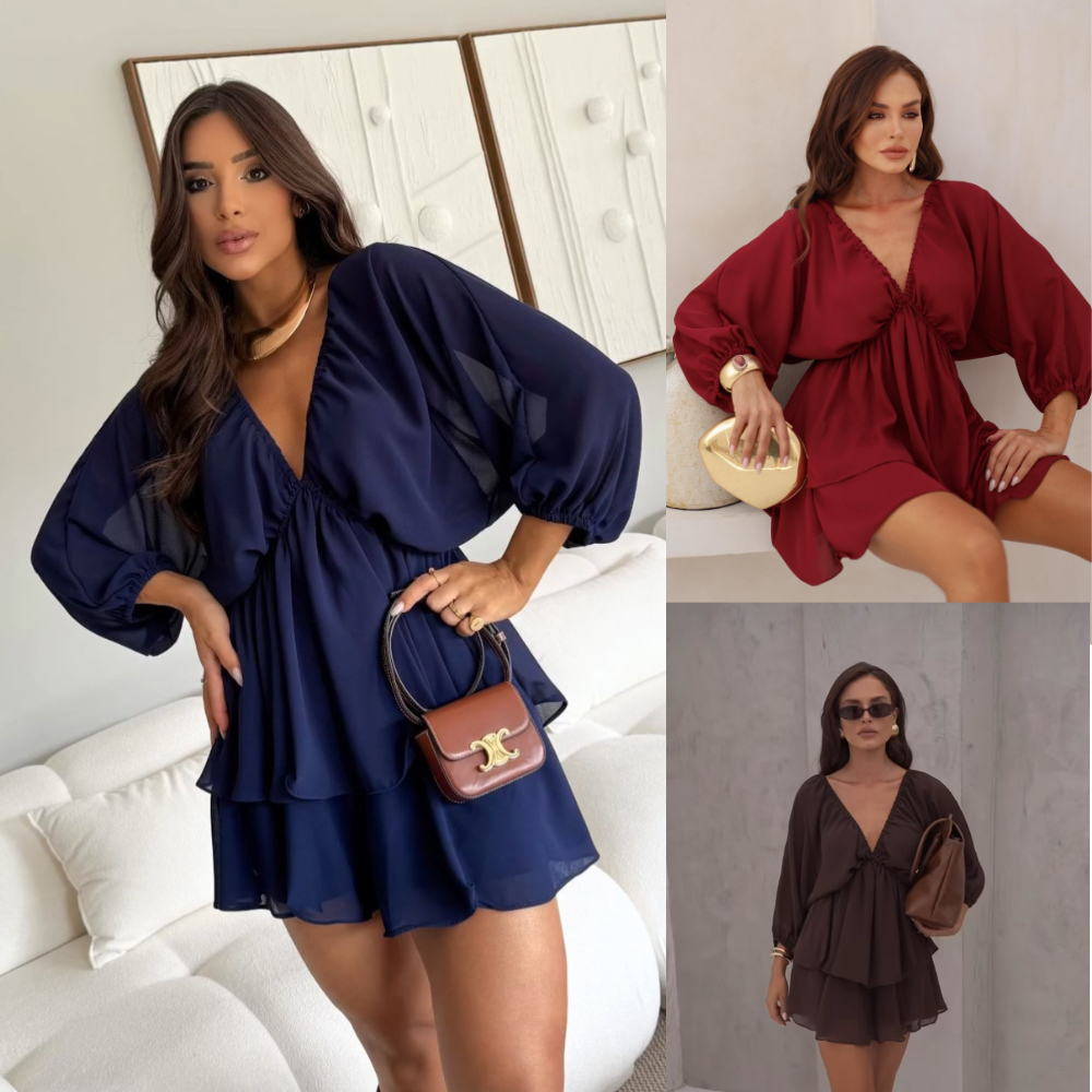 Vestido Macaquinho Feminino SOFIA Boho Chic Franzido Decote V Soltinho Manga Longa Chiffon  Verão