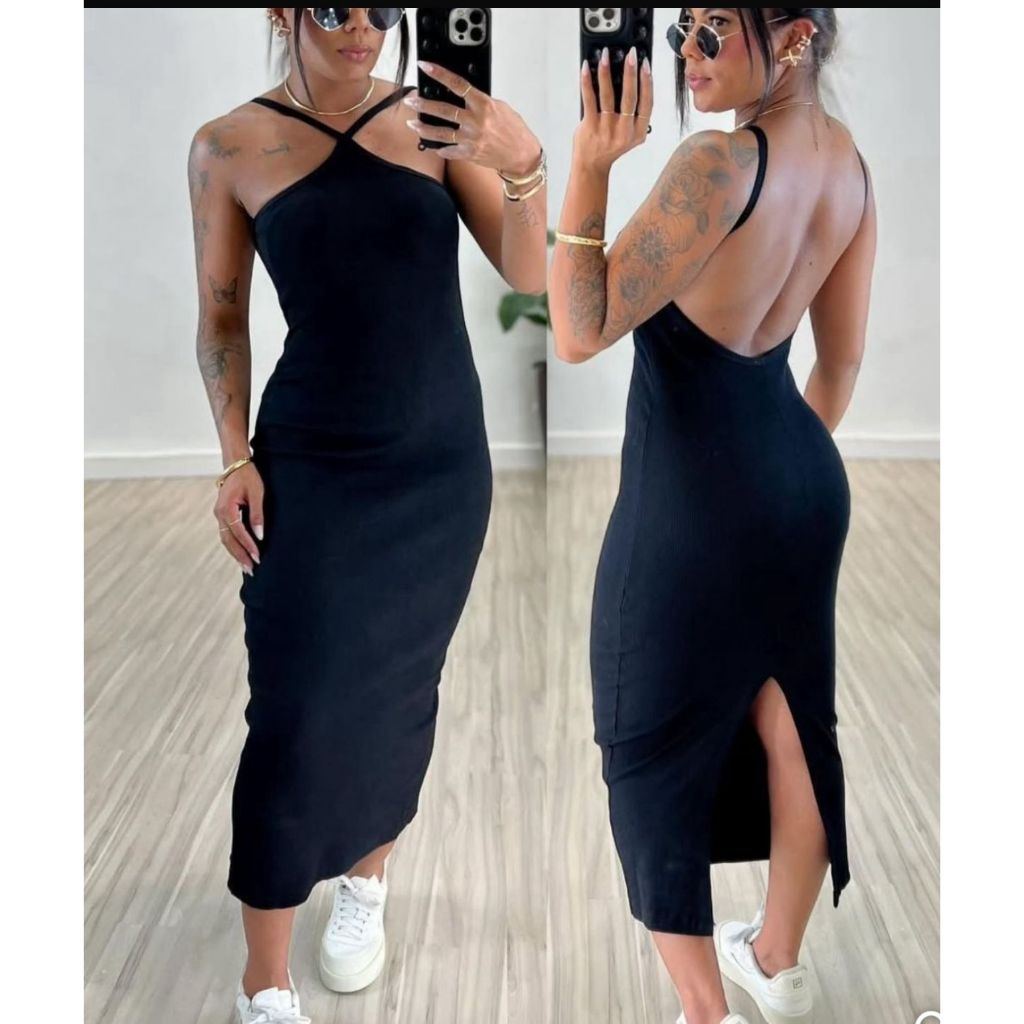 Vestido Feminino Costas Aberta Canelado Premium Com Fenda Slim Longo Alça Cruzada Casual F...