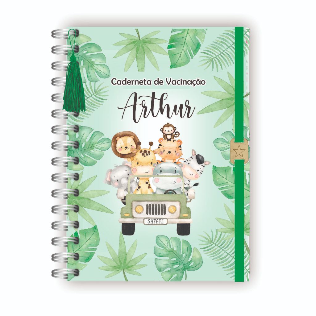 Caderneta de saúde vacinação personalizada com nome completa elástico tessel e passante tema safari verde no carro