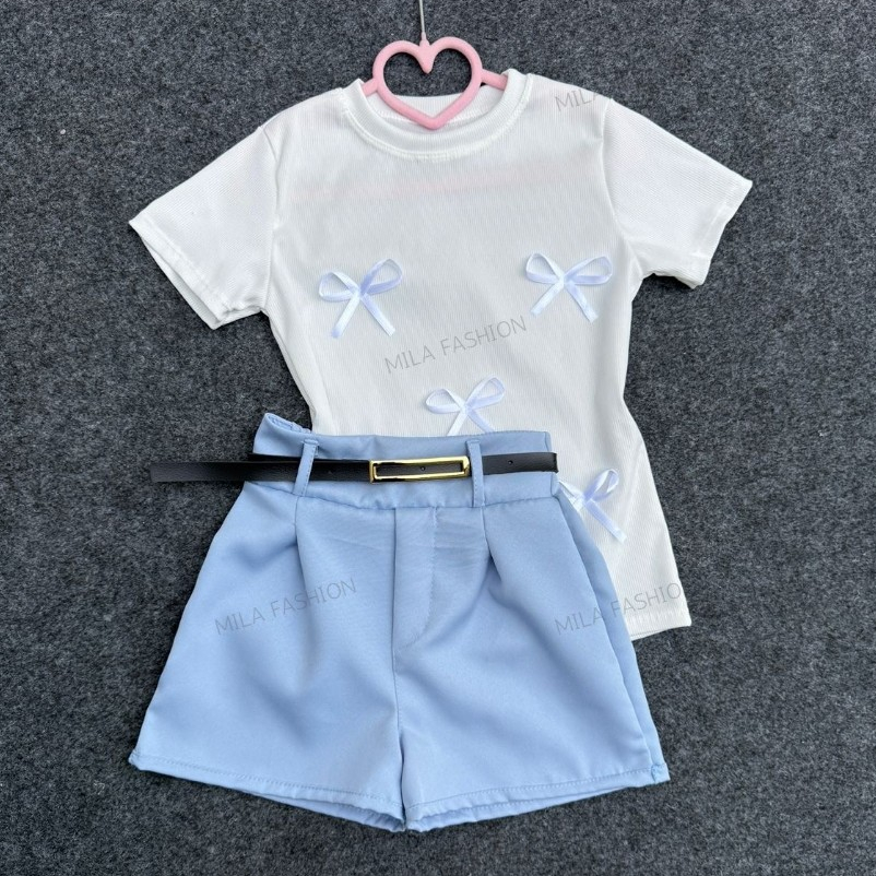 Conjunto infantil 3 peças Blusa lacinhos + Short e cinto de menina moda primavera verão em Oferta na Shopee