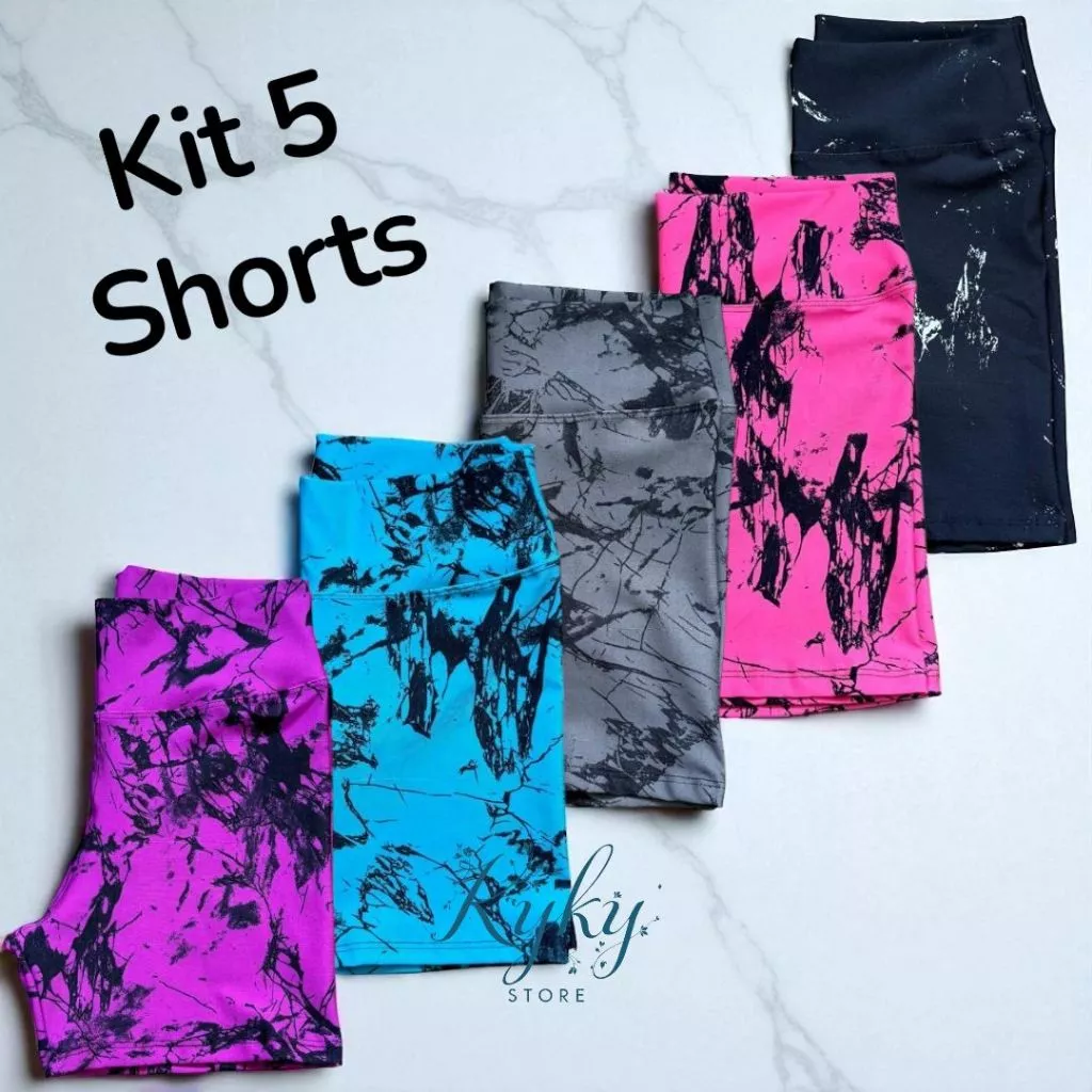 Kit 5 Shorts Feminino Fitness Tie Dye Marmorizado Roupa Academia Cintura Alta Zero Transparencia — imagem 1