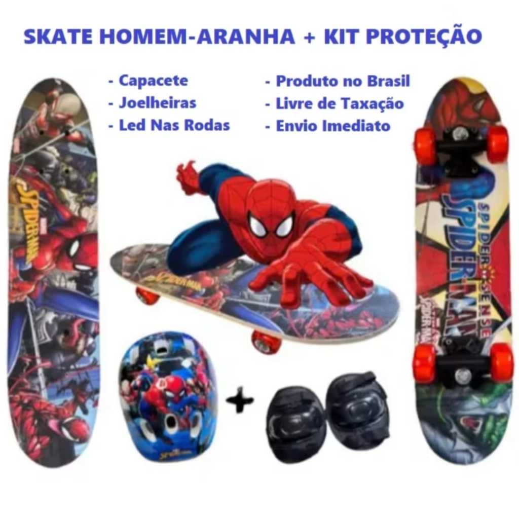 Skate Infantil Homen Aranha Com Kit Protecao Roda Com LED Frozen Barato Presente Dia Dos Criancas