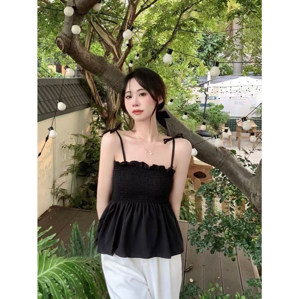 T109Top curto com alças e babados em Oferta na Shopee