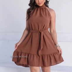 Vestido Feminino Curto Duna com Amarração Caimento Soltinho Gola Halter Soltinho Tendência Gringa