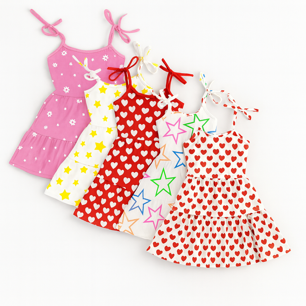 Kit 3 Vestidos Infantis Menina Estampado Alça de Amarrar Verão ENVIO CORES E ESTAMPA SORTI...