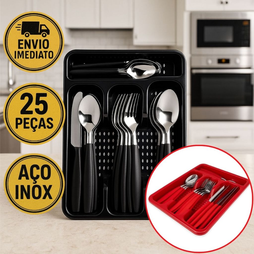 Jogo De Talheres 25 Peças Inox Faqueiro Com Porta Talheres Garfos Colheres E Facas em Oferta na Shopee