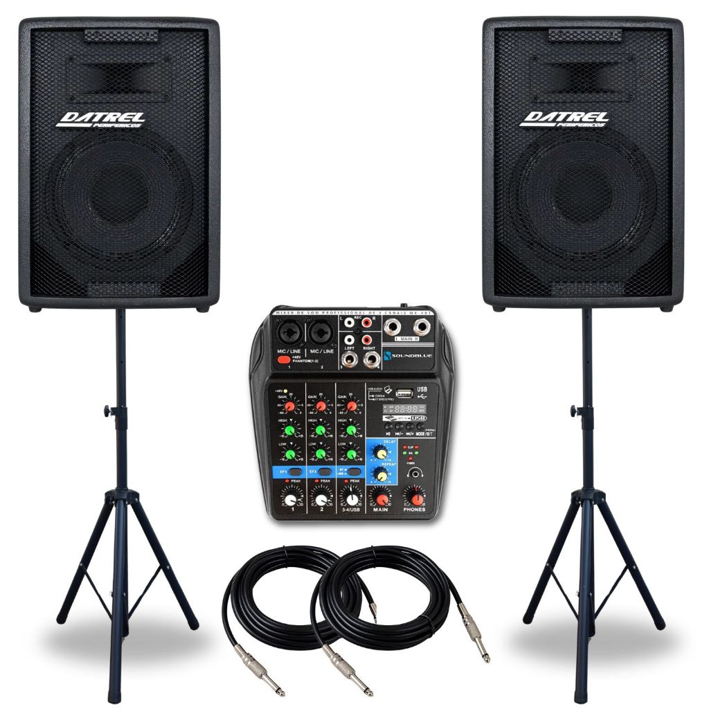 Kit 2 Caixas Som 300w Ativa Passiva Acustica Profissional + Console Mesa 4 Canais Audio Usb Midi Combo + Suportes Tripe