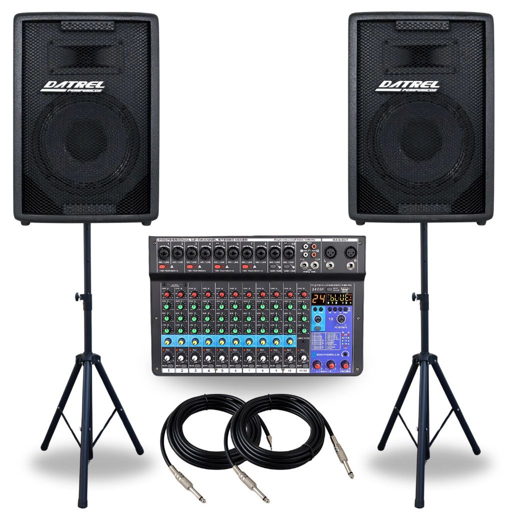 Kit 2 Caixa Som 300w Ativa Passiva Acustica Profissional + Console Mesa 12 Canais Bluetooth Usb + Suporte Tripe Pedestal