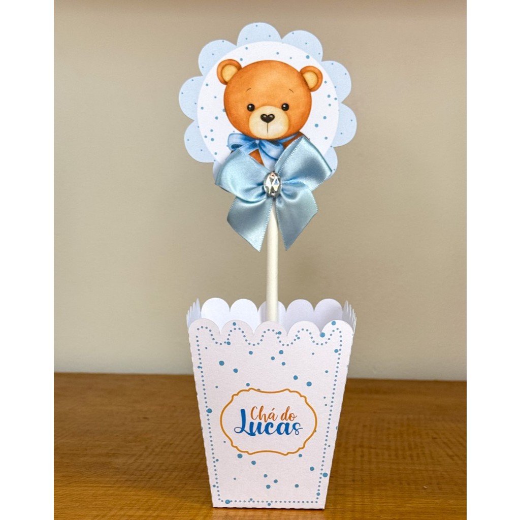Centro de Mesa Cachepô Personalizados Lembrancinha Chá de Bebê Ursinho Azul -PEGUE E MONTE