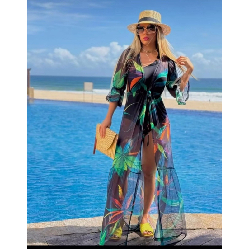 Saída de praia longa em malha saida de praia canga moda praia em Oferta na Shopee