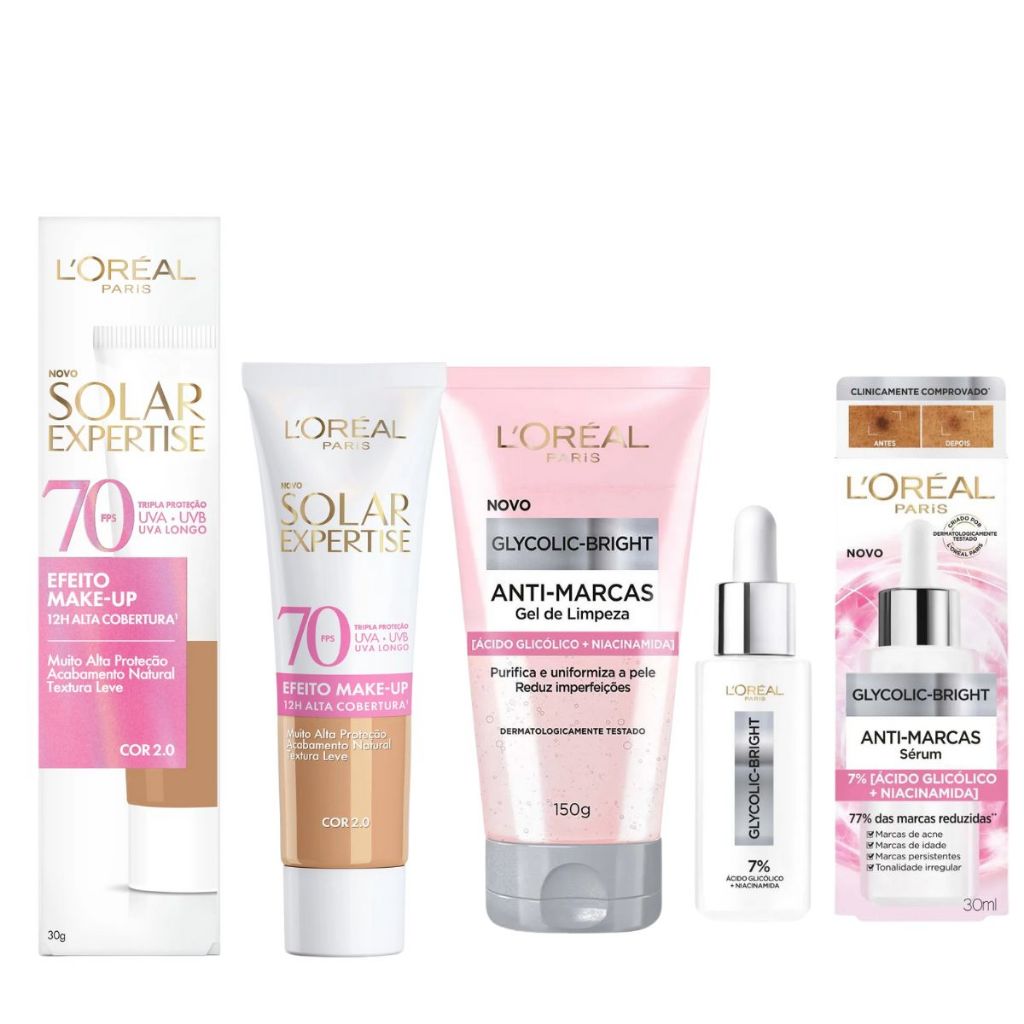 Kit L’Oréal Paris Solar Expertise FPS70 + Glycolic-Bright Anti-Marcas Sérum Gel Limpeza
