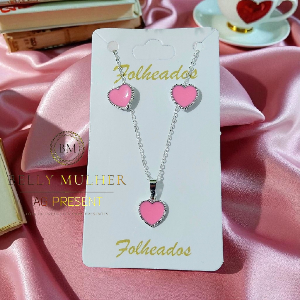 Conjunto Colar e Brinco Coração Resinados Feminino Folheado a  Prata 925 e Ouro18k em Oferta na Shopee