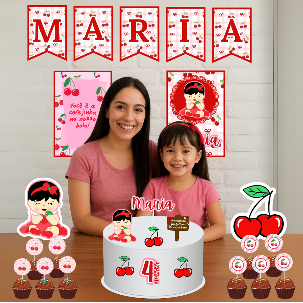 aniversario personalizado tema cerejinha para mesversario com nome menina