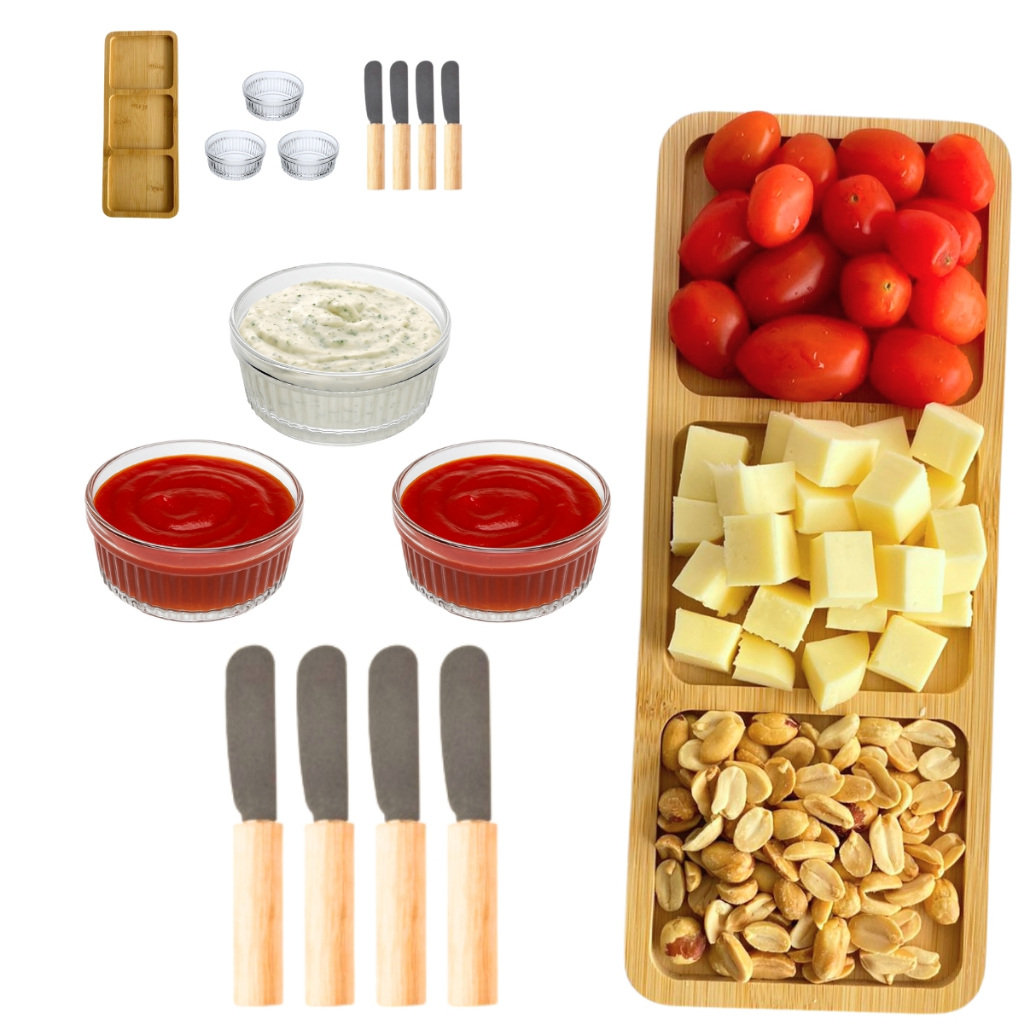 Kit Petisqueira Tábua de Frios Mesa Posta Espátula Ramequim de Vidro Kit 5 Peças