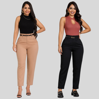 Kit 02 Calças Alfaiataria Social Reta Slim Premium Cintura Alta Com Bolso Moderna Elegante em Oferta na Shopee