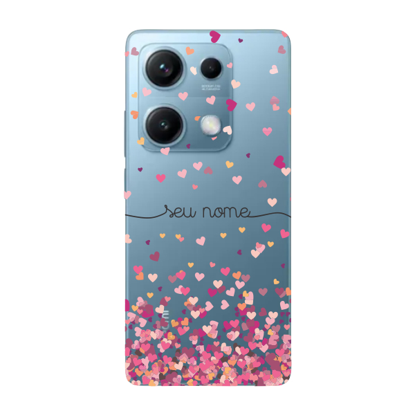 Capinha para Xiaomi Note 14s Anti Impacto Personalizada - Chuva de corações rosa com nome