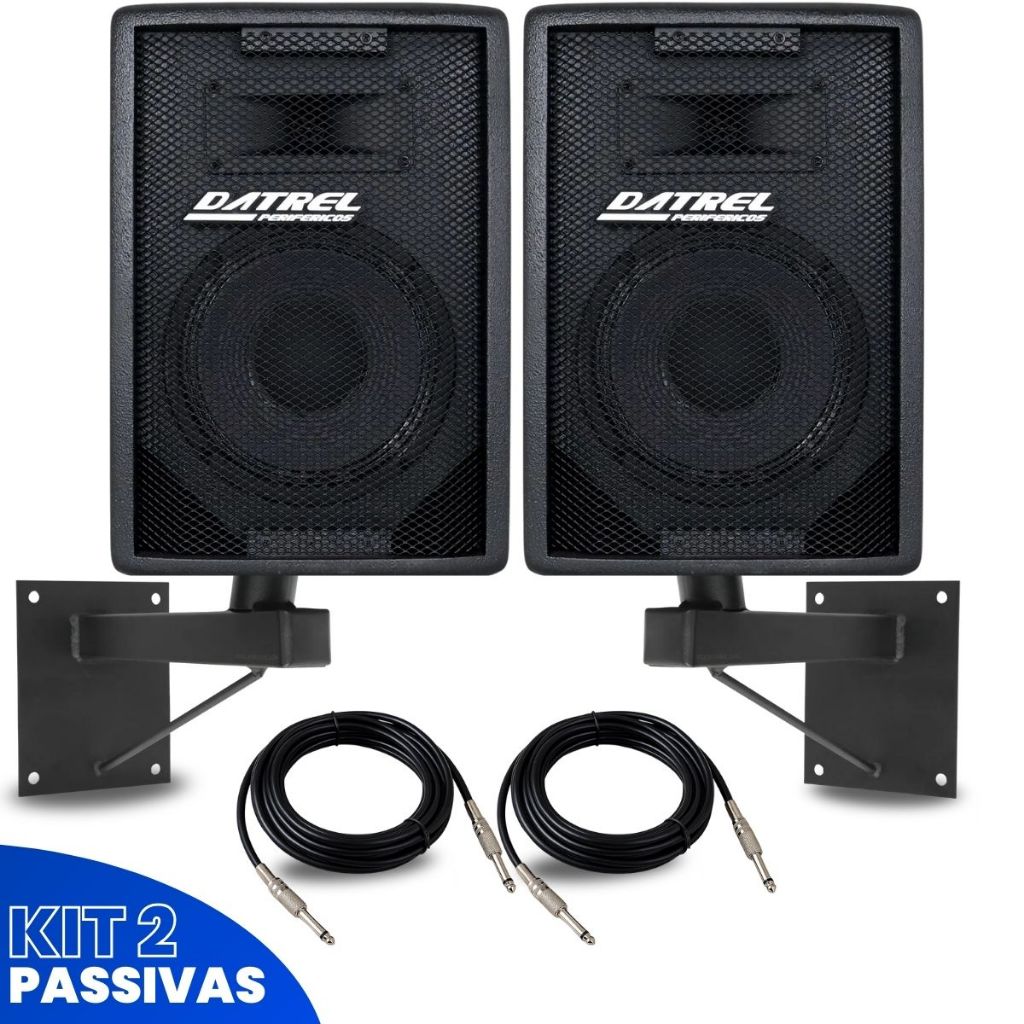 Kit 2 Caixas De Som Datrel 300w Watts Rms Passivas Profissional Acustica Amplificada + Suportes De Parede + Cabos P10