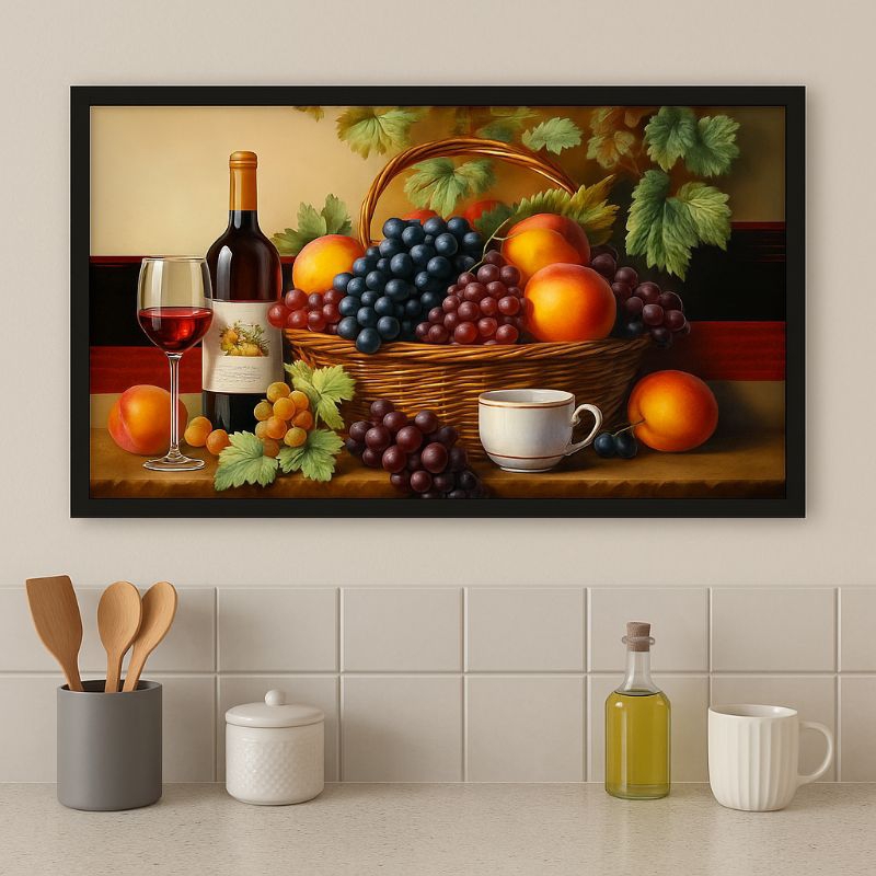 Quadro Parede Sala ou Cozinha – Cesta de Frutas com Taça de Vinho em Oferta na Shopee