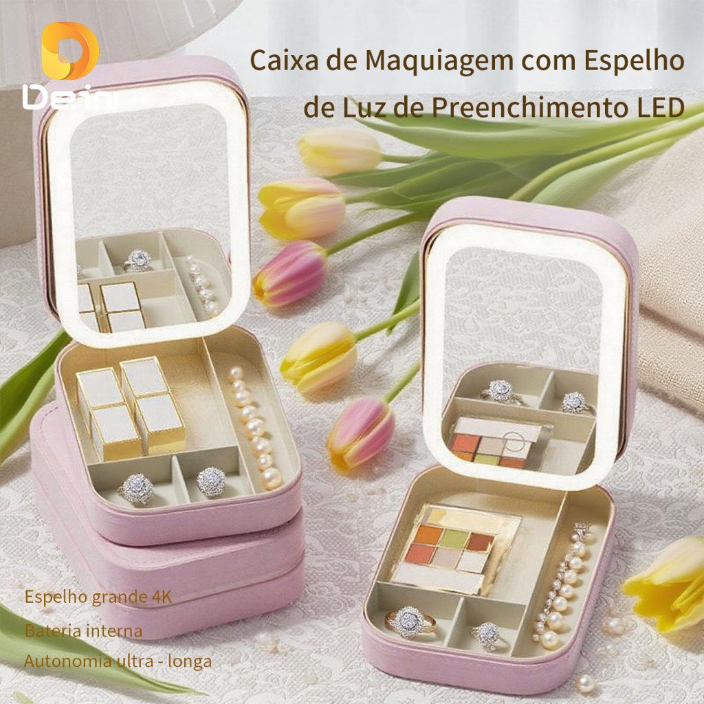 Caixa de Joias com Espelho (Mini ou Luxo LED) – Estojo Portátil de Viagem
