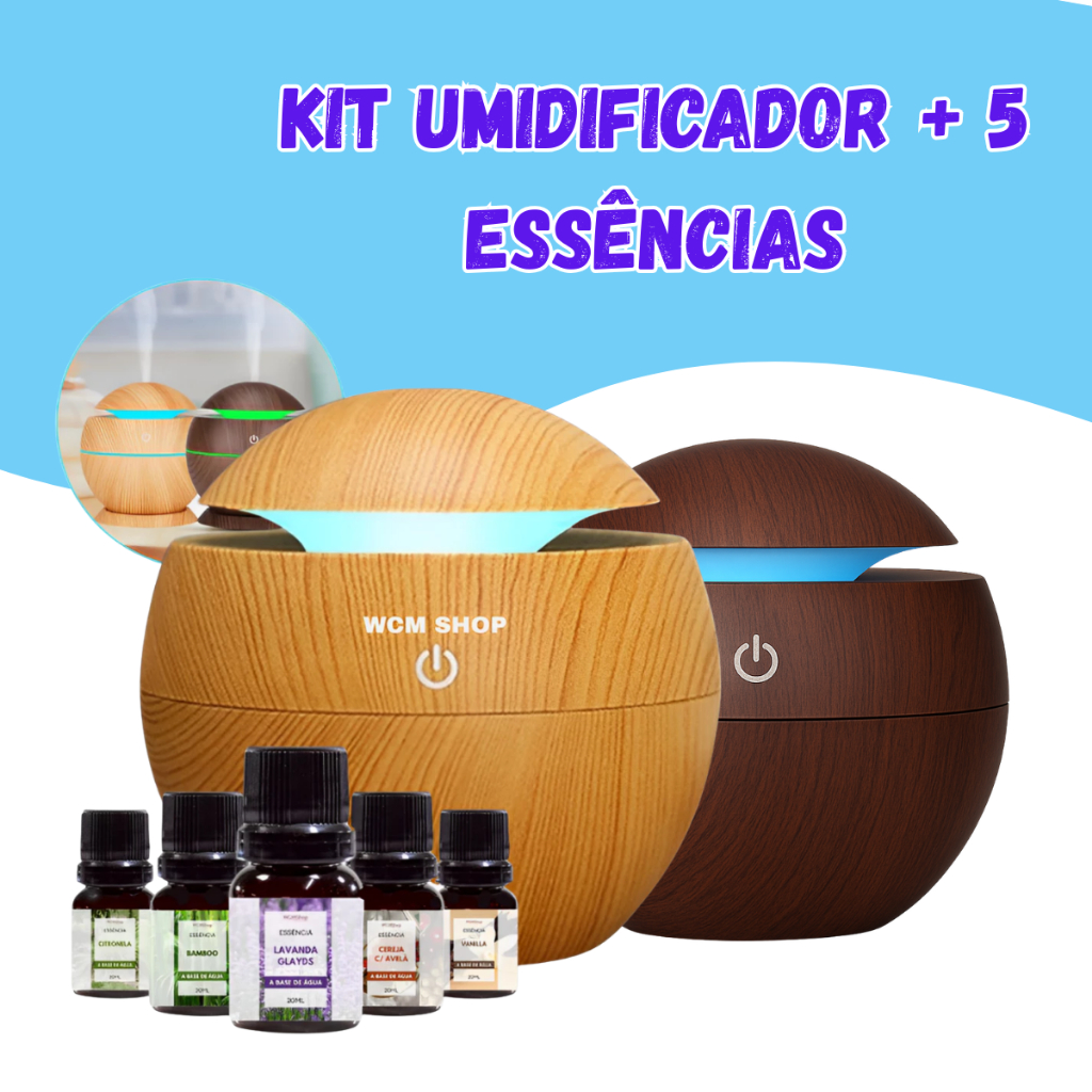 Kit Umidificador Aromatizador Difusor de Ambientes Ultrassônico + 5 Essências 10ml em Oferta na Shopee