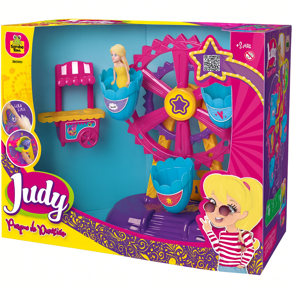 Brinquedo Parque De Diversão Judy com Roda-Gigante, Boneca e Carrinho de Algodão Doce