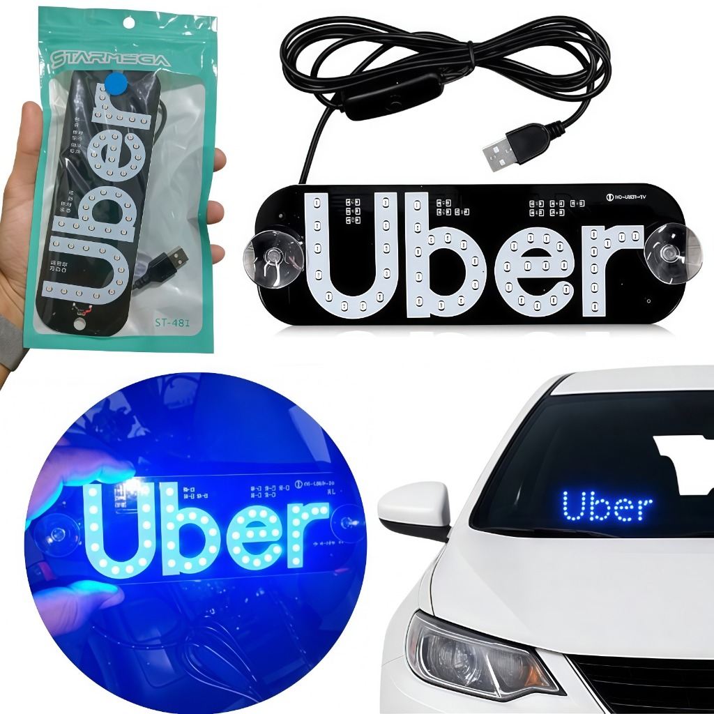Placa LED Luminosa para Motorista de Aplicativo Letreiro USB com Ventosa Botão Liga/Desliga e Luz de Alta Visibilidade