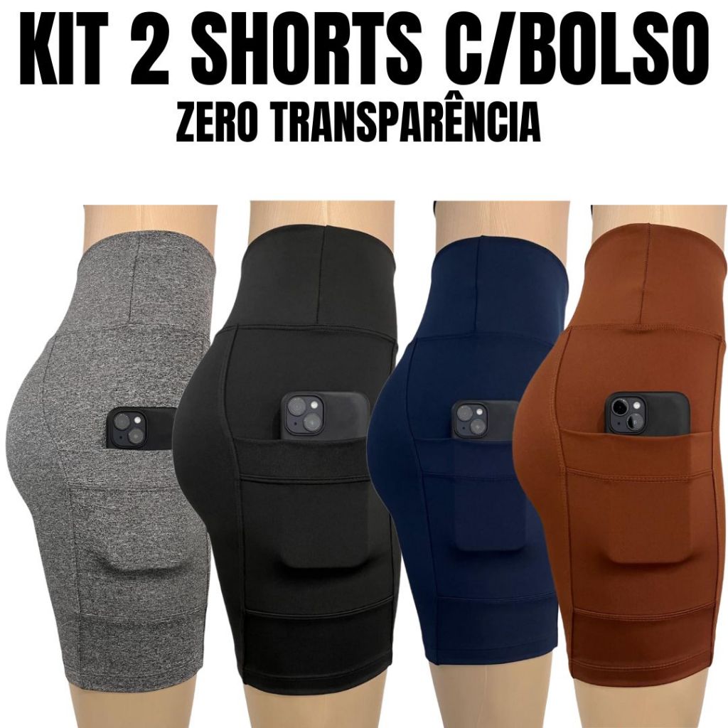 Kit 2 Bermuda Short C/Bolso Feminino Para Corrida, Caminhada Academia Zero Transparência Cos Alto