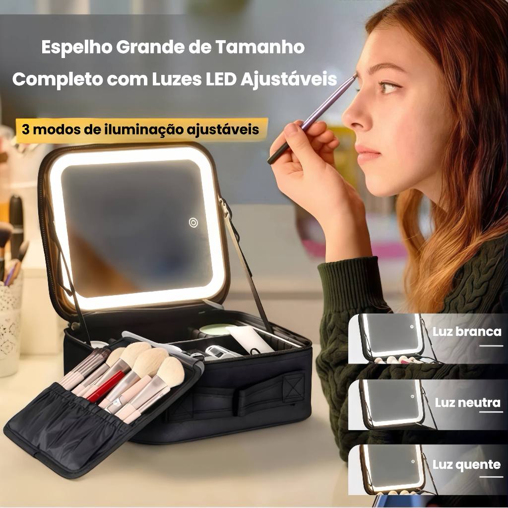 Kit Maleta Maquiagem completo Profissional Com Espelho e Luz Led e paleta de maquiagem TECNO