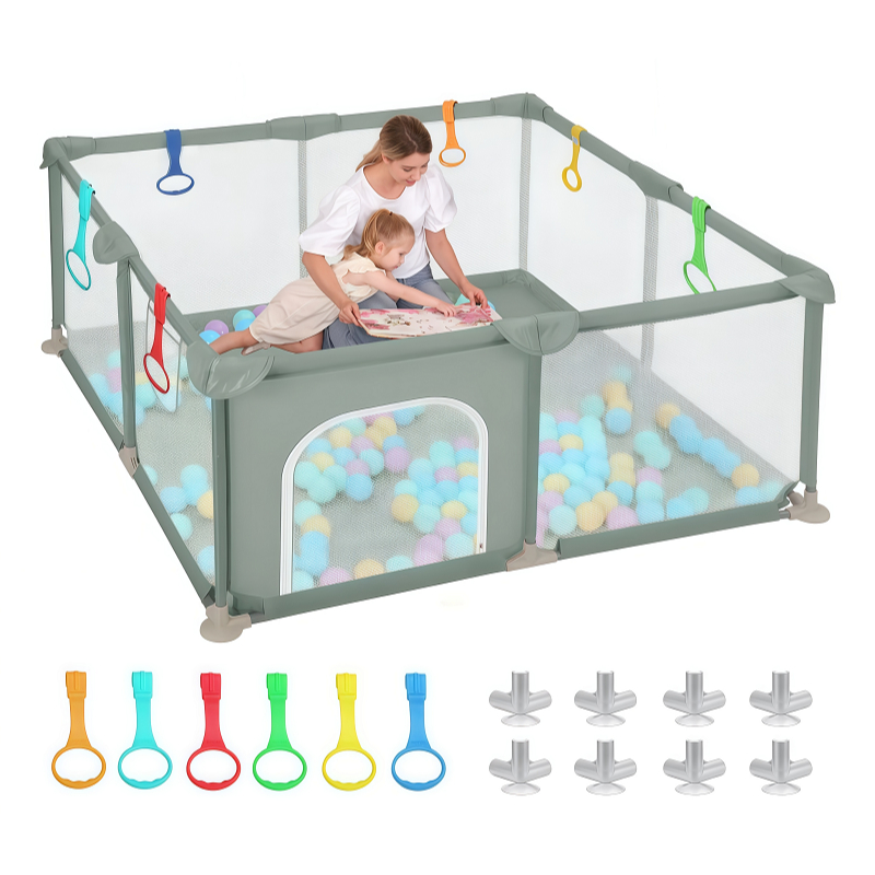 Cercadinho para bebês Chiqueiro com cerca antiqueda e malha 4 Argolas de Puxar + 8 Ventosa...