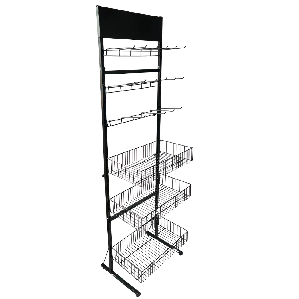 Display Expositor Desmontável Com 3 Gancheiras E 3 Cestos - Preto ou Branco