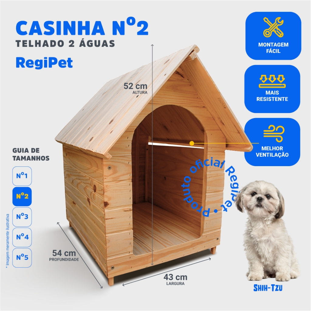 Casinha de Madeira Pinus para Cães e Gatos - Modelo Telhado Duas Águas Regi Pet Sem Verniz