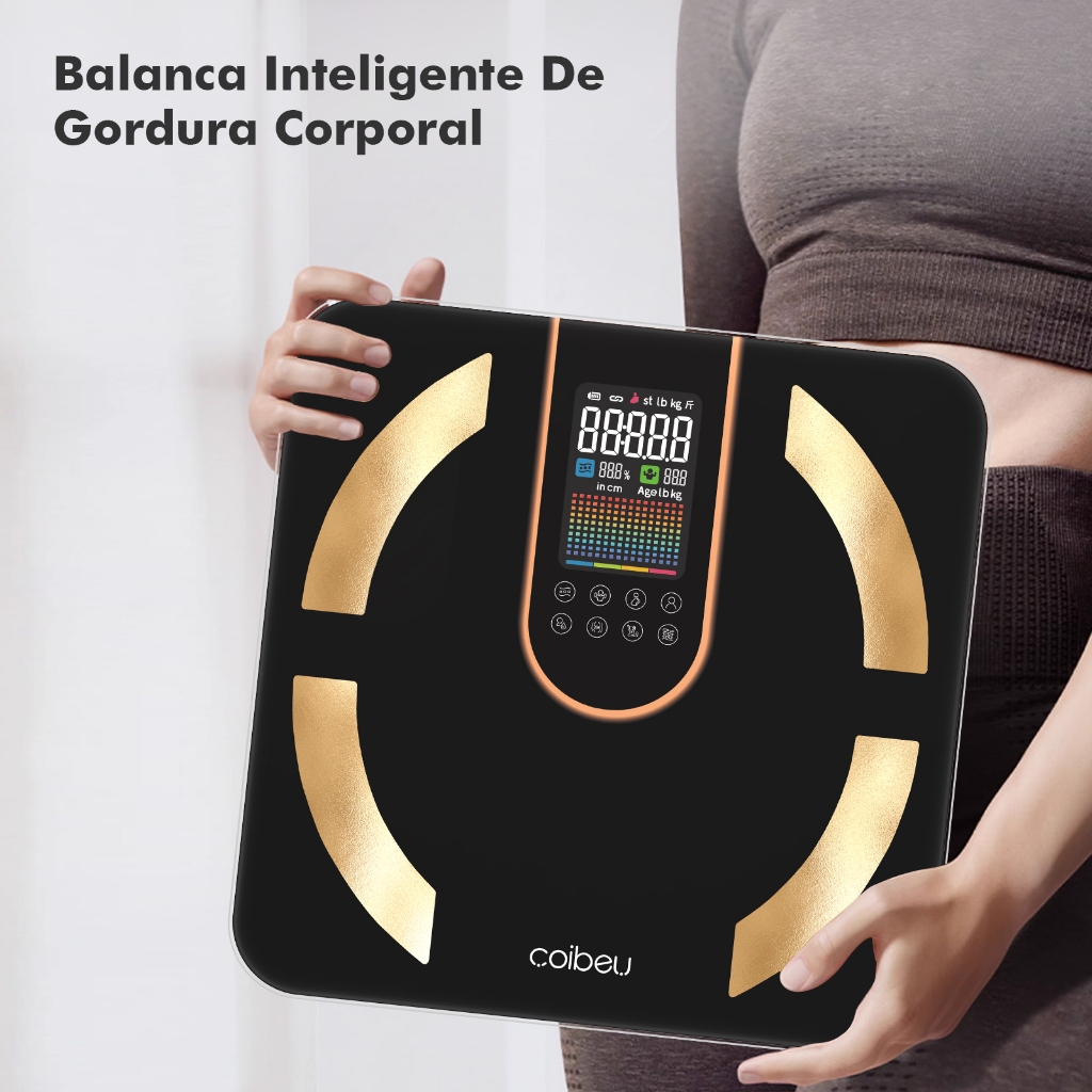 COIBEU Balança de gordura corporal com tela LED preta e software de análise profissional