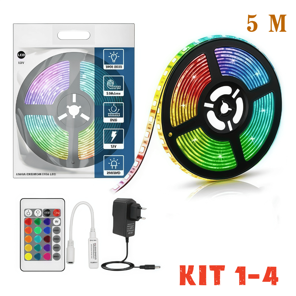 KIT 2 Fita Led Rgb 3528 Colorida 5m + Controle+Fonte 300 Led Decoração Casa Loja Gesso Teto Sanca Vitrine  FLUX