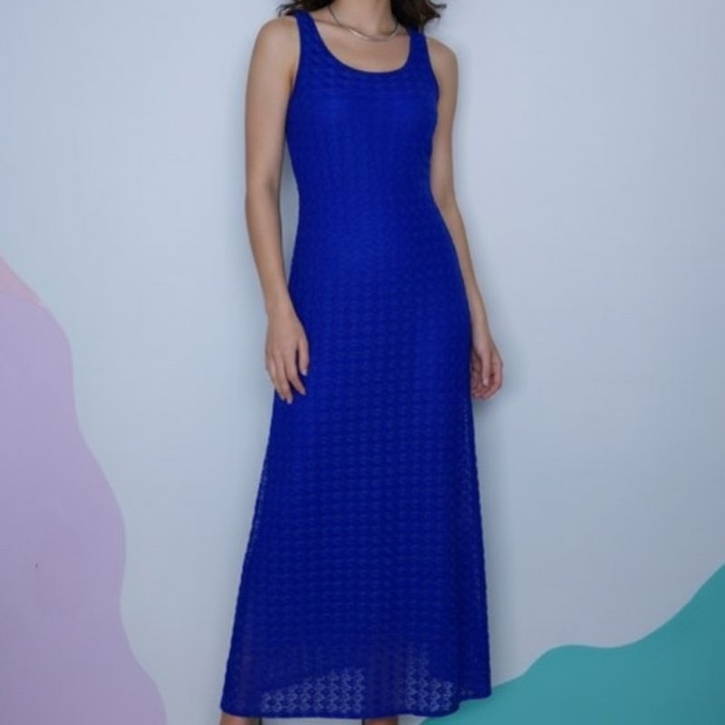 Vestido longo rendado azul P/M | Antix