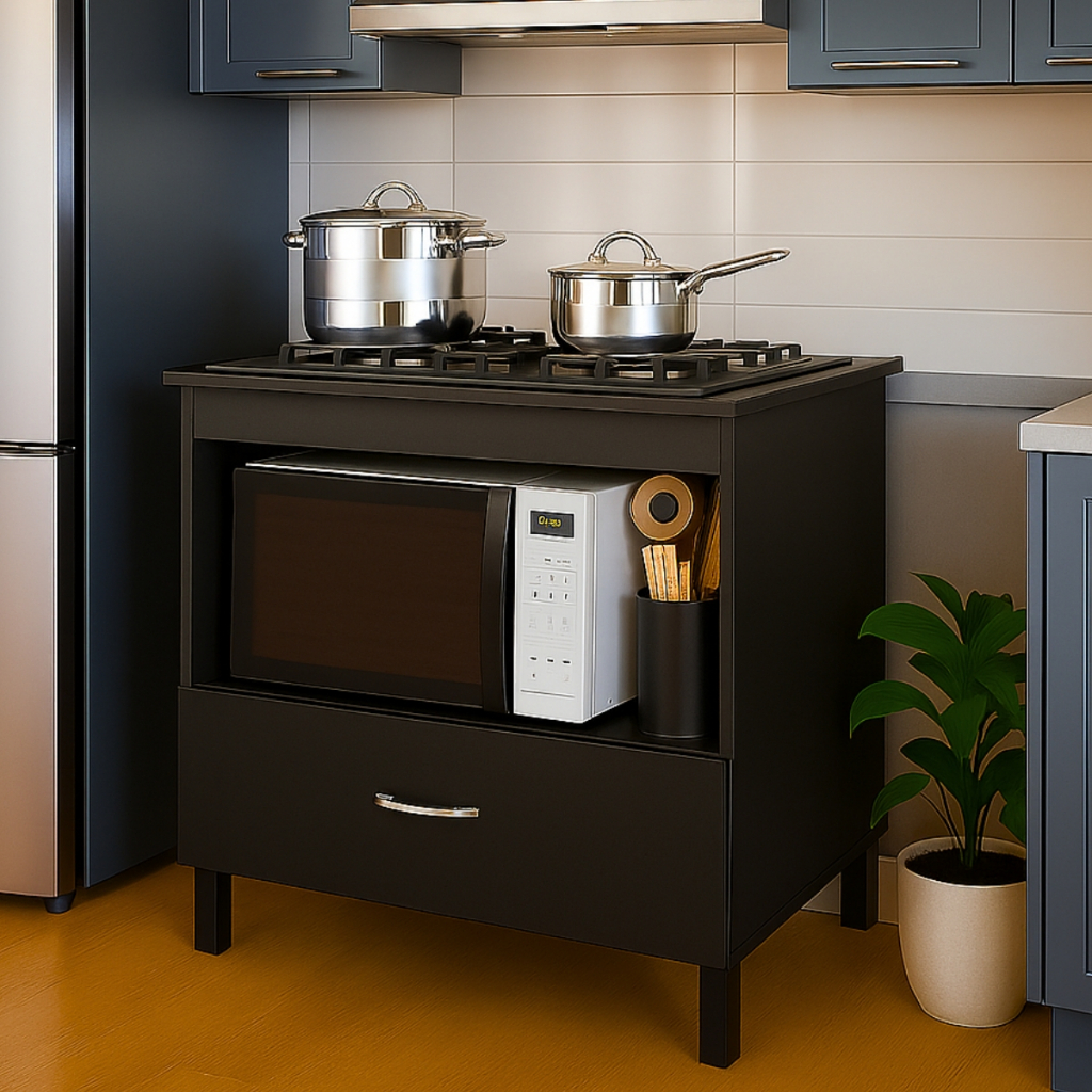 Balcão de Cozinha Para Cooktop 4 e 5 Bocas Armário Com Porta Suporte Para Forno Grande Branco Preto