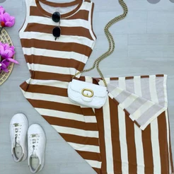 Vestido Midi Longo Regata Listrado com Bolso e Fenda Lateral Moda Feminina
