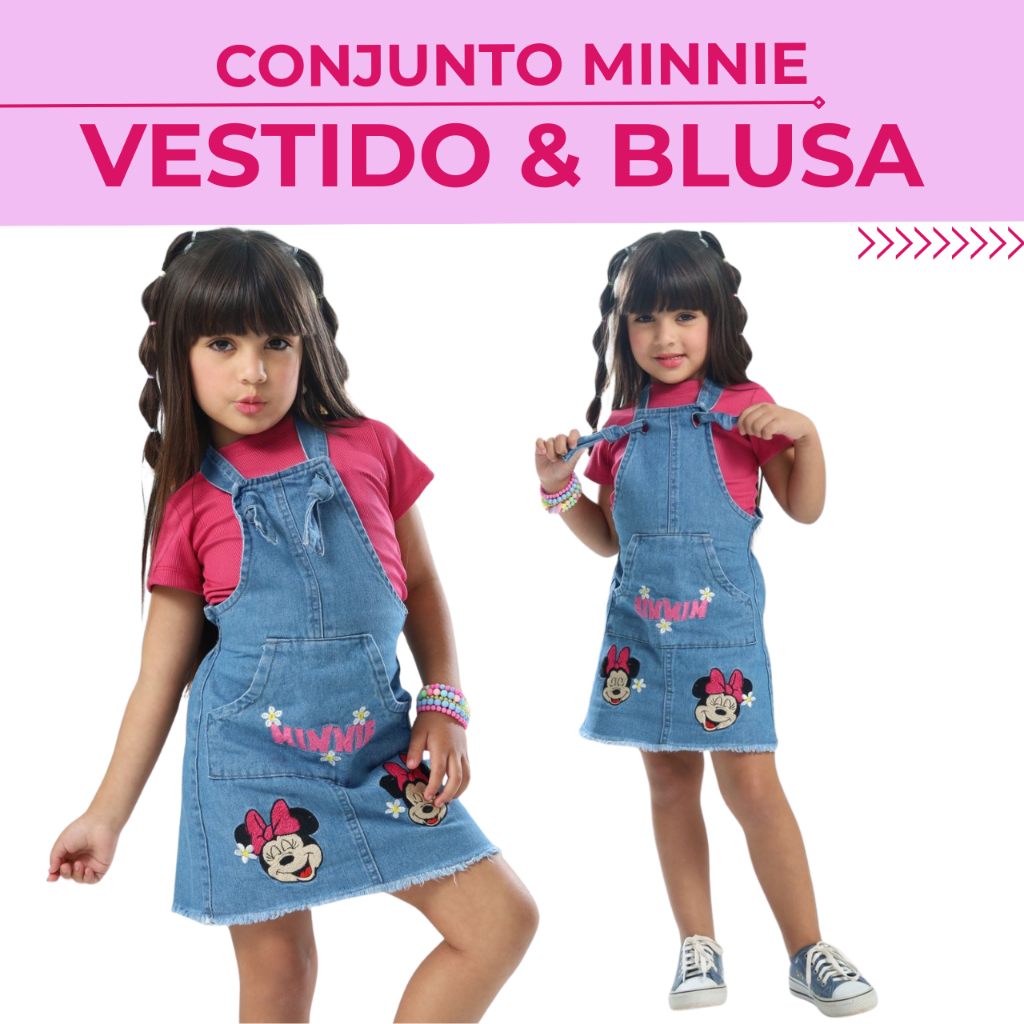 Roupa Moda Infantil Menina Conjunto Feminina Vestido Salopete Jardineira Blogueira Minnie Personagem