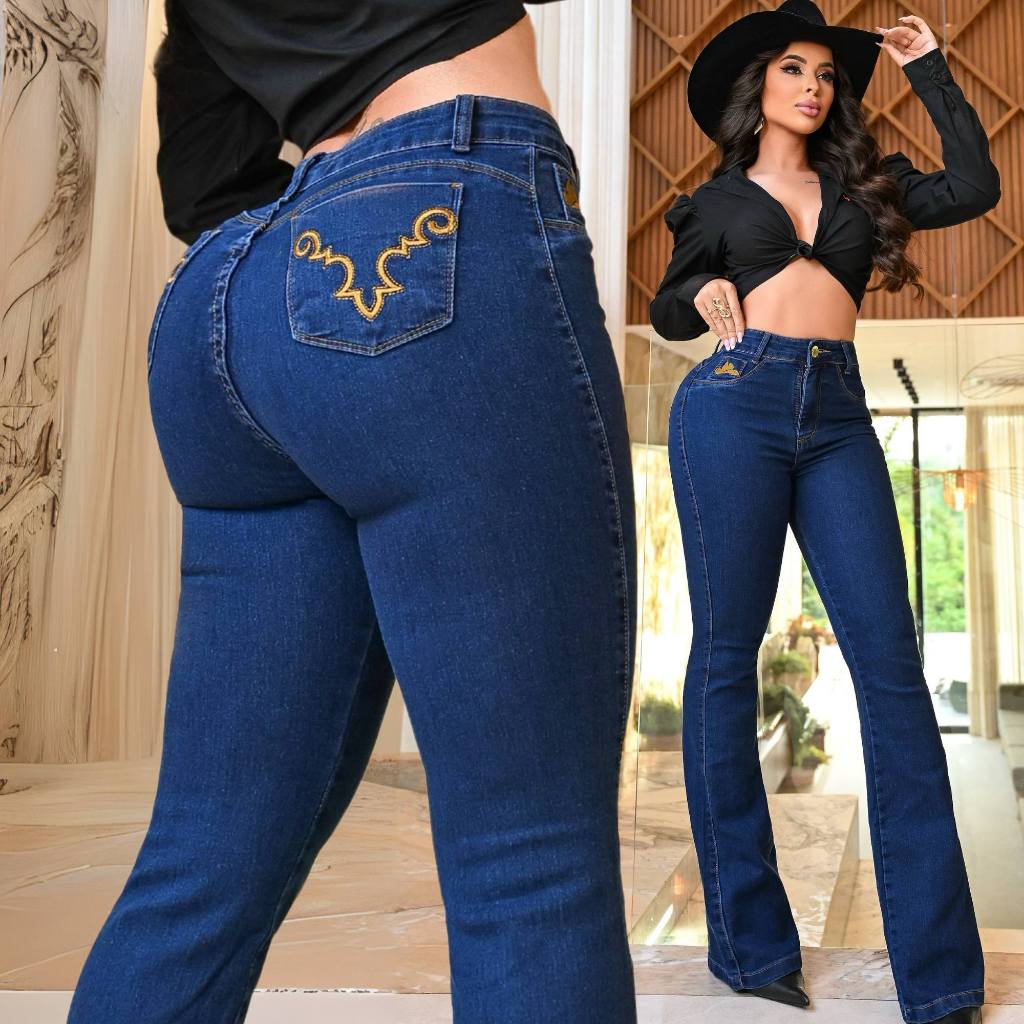 Calça Jeans Feminina Flare Cintura Alta Moda Country Premium Cowgirl Rodeio