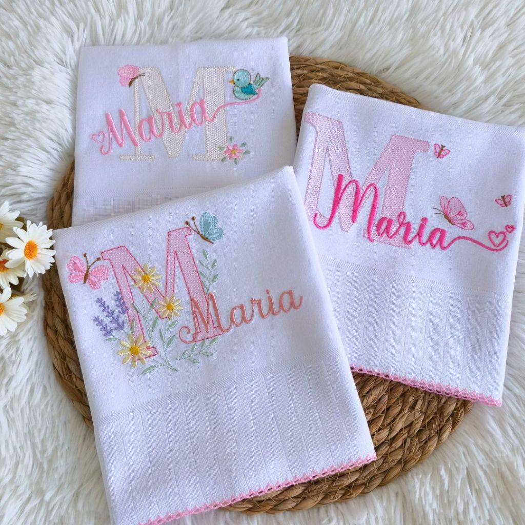 Kit de Fraldas de Ombro Personalizadas Bordadas/Medida de 37 cm x 80 cm cada/100 % algodão Bordadas.
