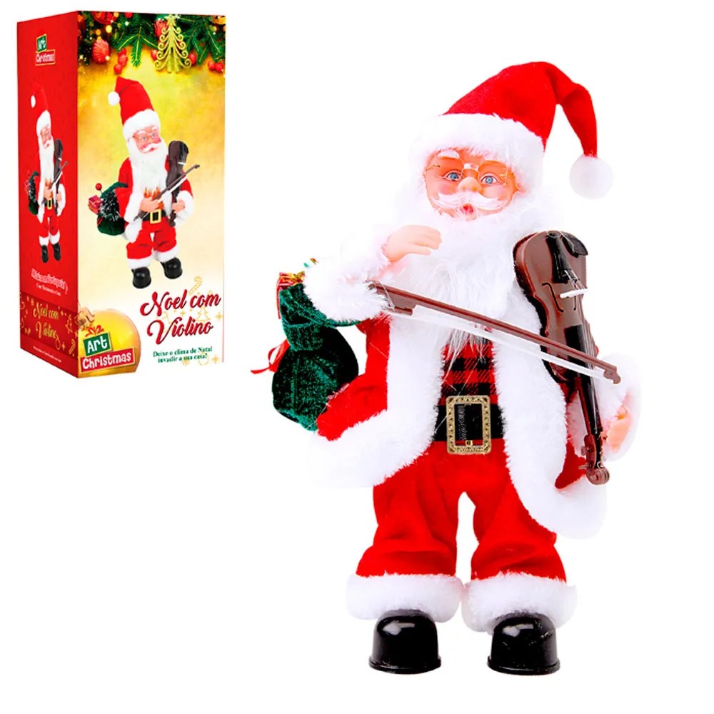 Boneco Papai Noel com Violino 30cm Musical com Luz e Movimento - Art Christmas