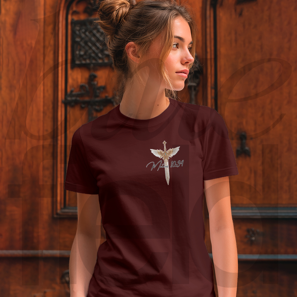 Camiseta Feminina Religiosa Streetwear Mateus 10:34 Frente E Costas 018 019 Malha Algodão