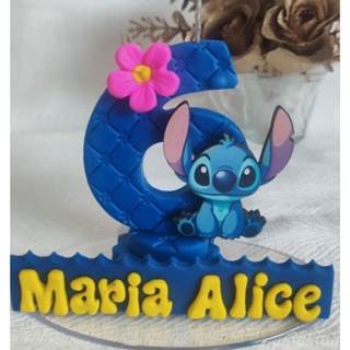 Vela de aniversário em biscuit stitchi azul ou rosa angel , topo de bolo 1,2,3,4,56,7,8 em Oferta na Shopee