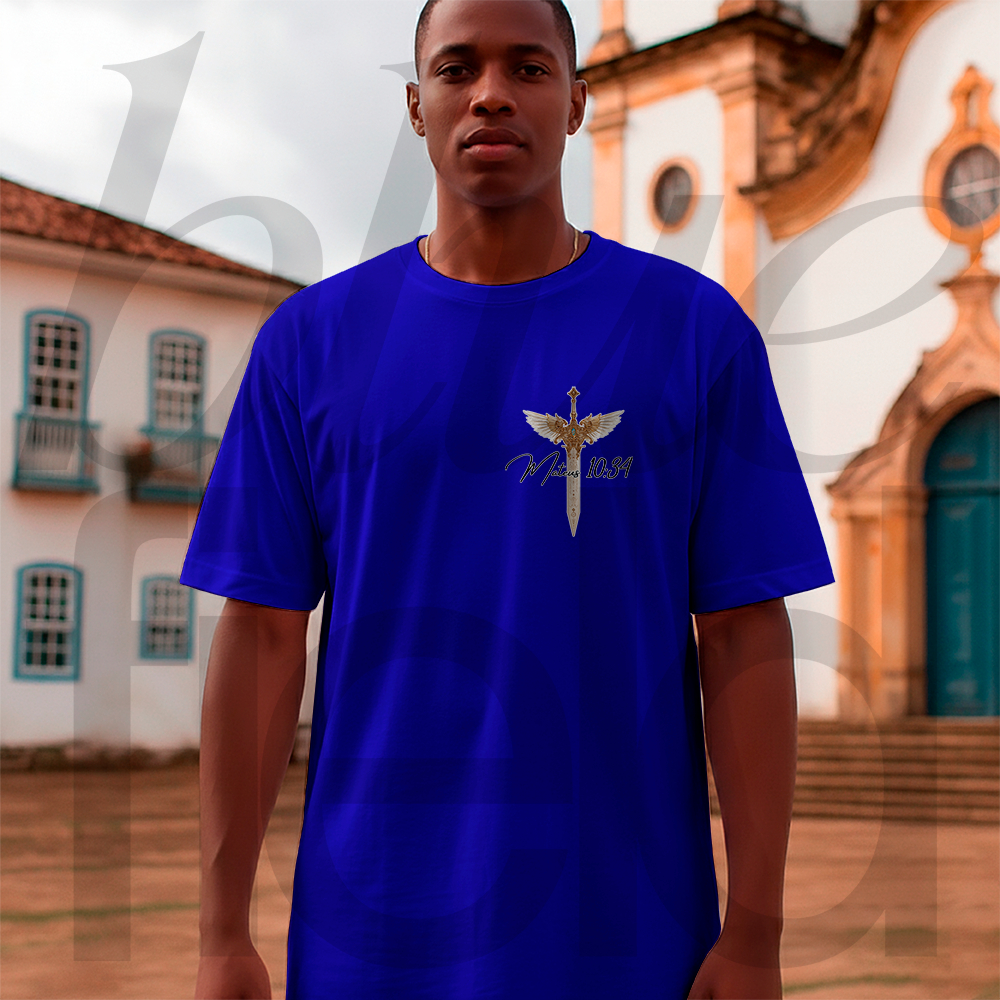 Camiseta Masculina Religiosa Streetwear Mateus 10:34 Frente E Costa 018 019 Malha Algodão