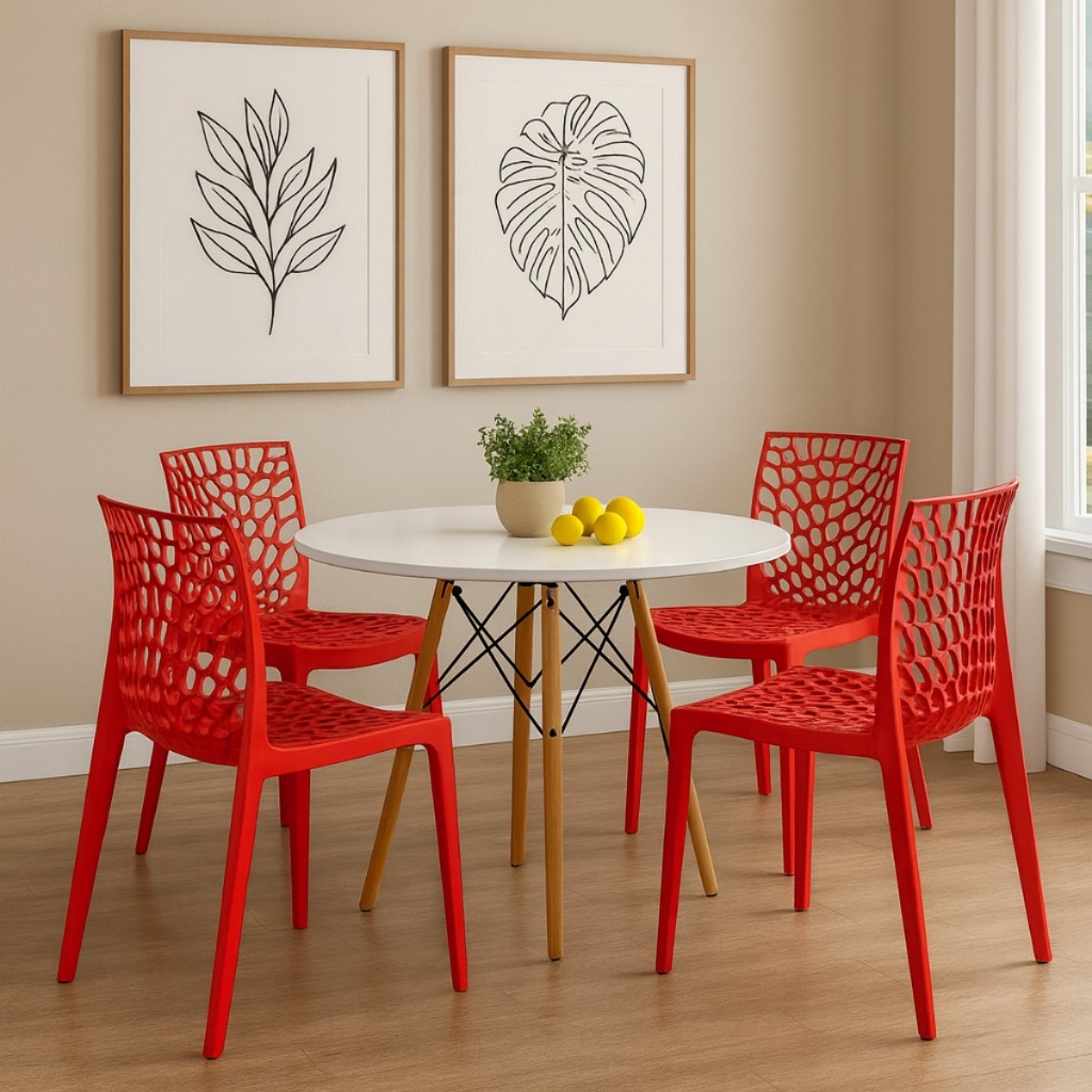 Mesa Redonda com 4 Cadeiras Design Moderno Conjunto Completo para Sala de Jantar ou Varanda Gourmet