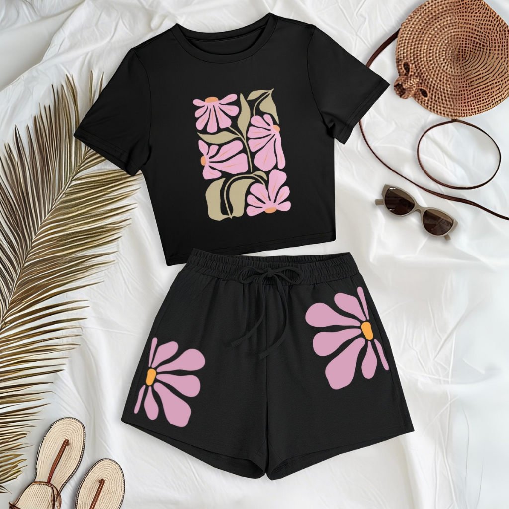 Conjunto Floral Feminino Minimalista Casual Cropped e Short Moletom Tendencia Primavera Verão