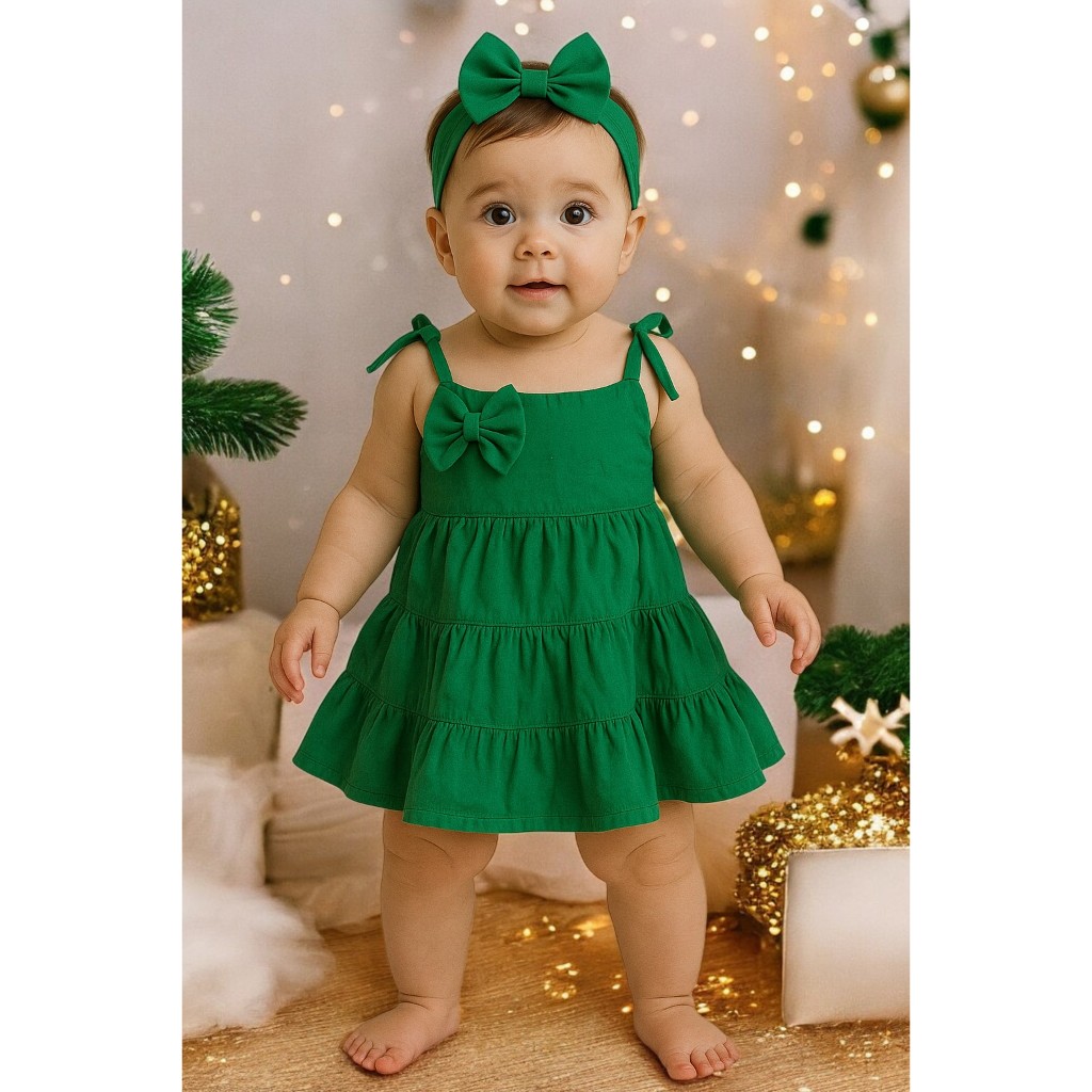 Vestido Infantil Bebê Menina Princesa Detalhe Em Laço Tiara Para Cabelo Delicado Encanto Fofo Festa