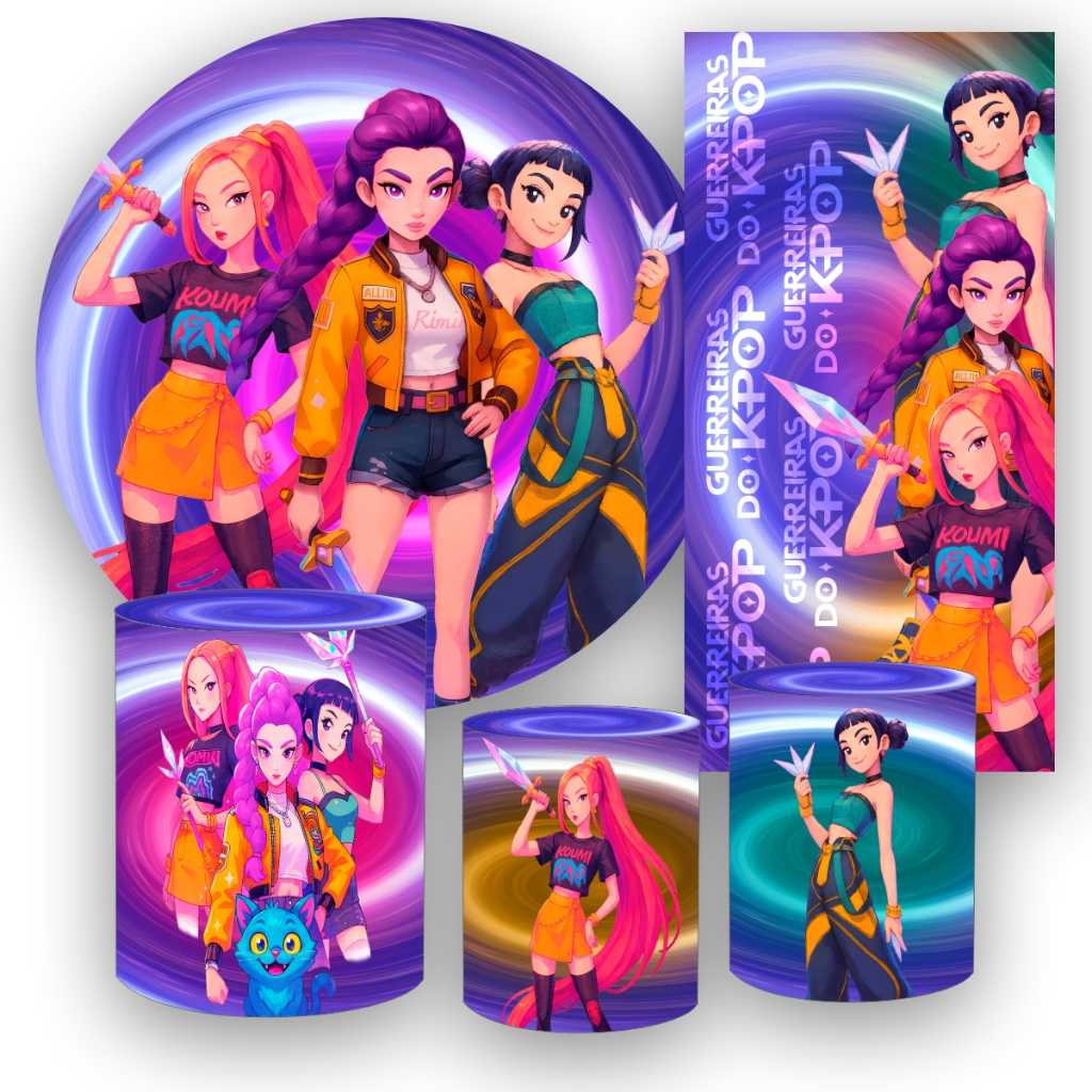 Kit Painel Redondo em Tecido Sublimado + 3 Capas de Cilindro + Capa Vertical 2x1Guerreiras do K-Pop