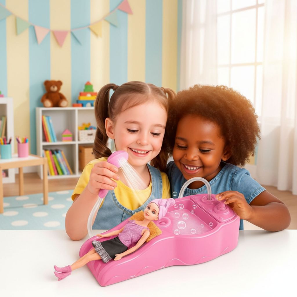 Kit Lavatório cabeleireiro Fashion Boneca com Acessórios, Ducha com Água de Verdade Brinquedo Infantil Menina