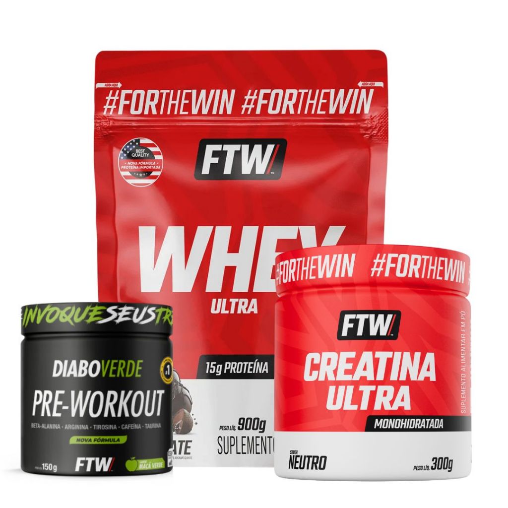 Kit Whey Ultra Chocolate 900g Refil + Creatina Ultra Pote 300g + Pré-treino Diabo Verde 150g - FTW